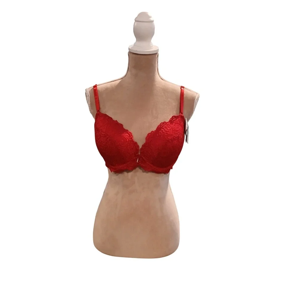 Smart & Sexy Red Lace Push Up Bra Underwire Padded 38B Floral Scalloped Trim